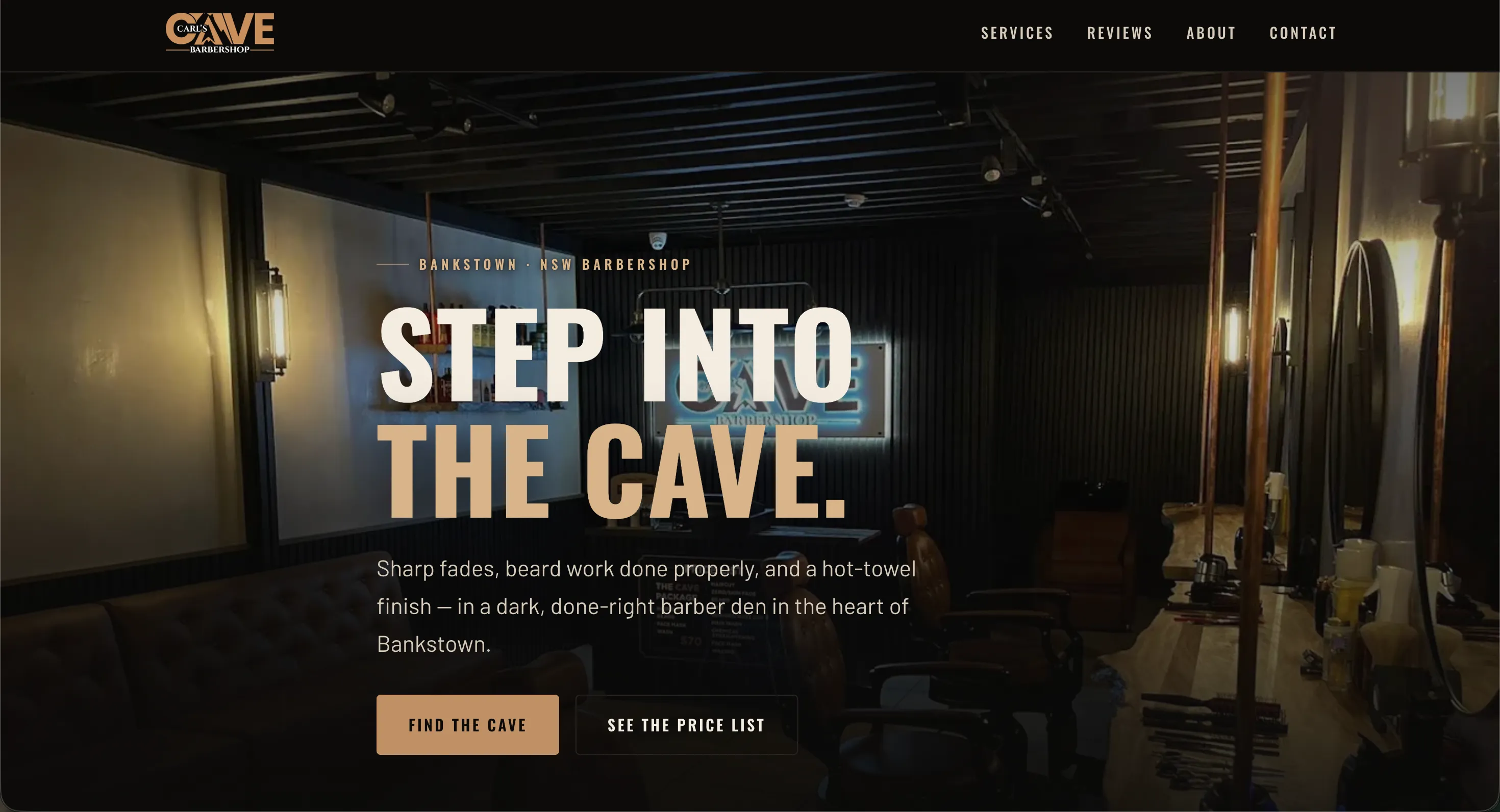 Homepage we designed for a Sydney barbershop, with a bold hero and an online booking call to action.