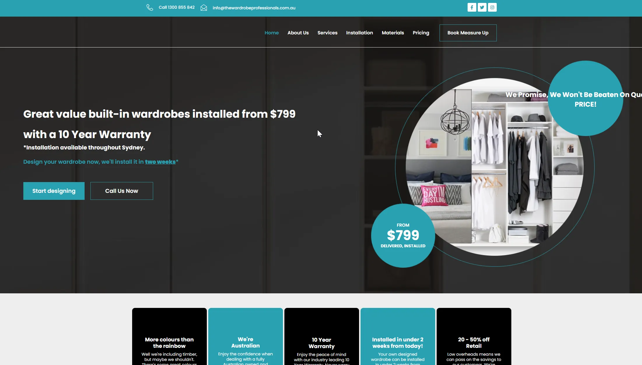 Homepage we designed for a custom cabinet maker, with a portfolio-led layout showcasing their joinery.