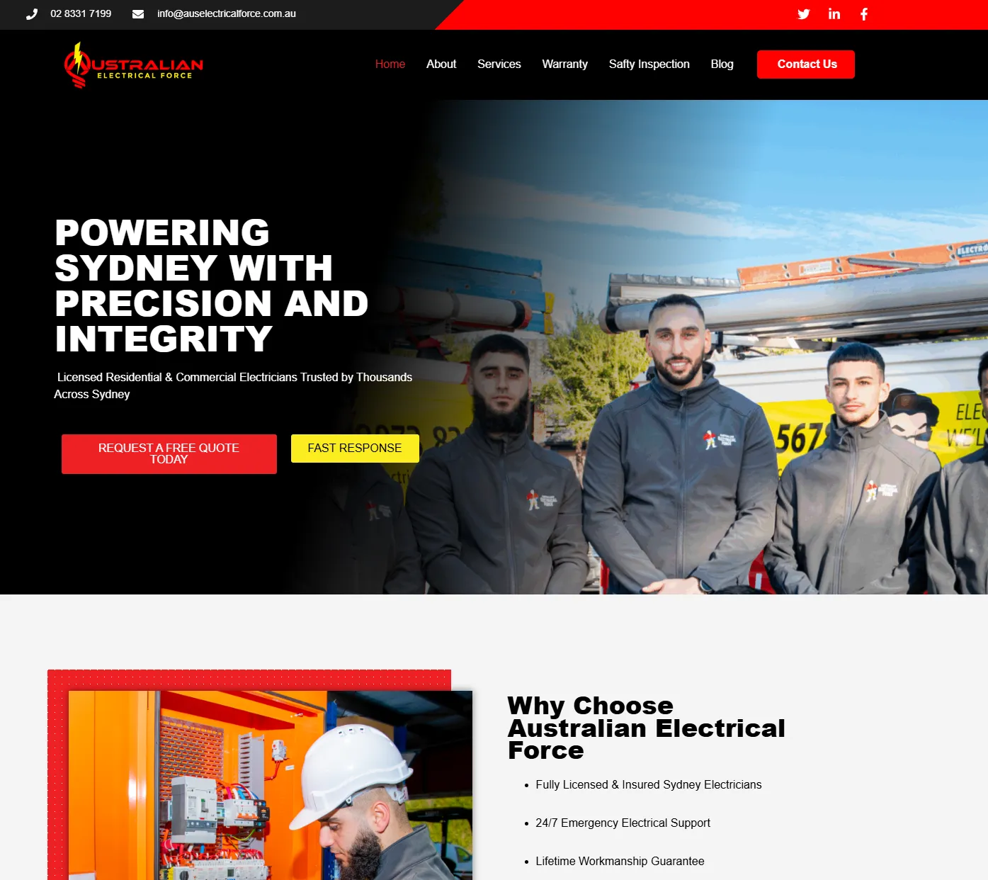 Homepage we designed for a local electrician, built around a prominent tap-to-call button for service jobs.