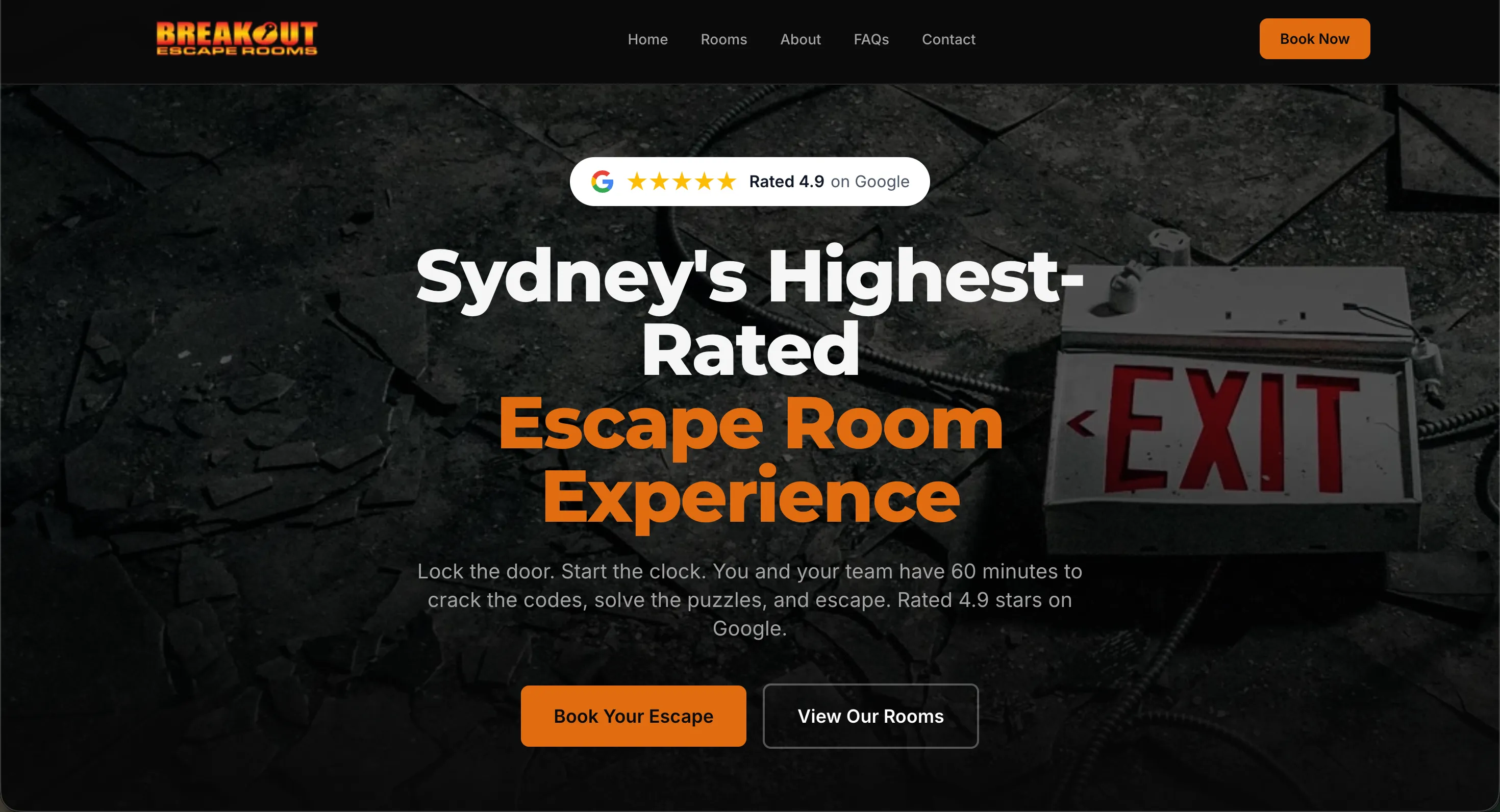 Homepage we designed for a Sydney escape room venue, built to drive online group bookings.