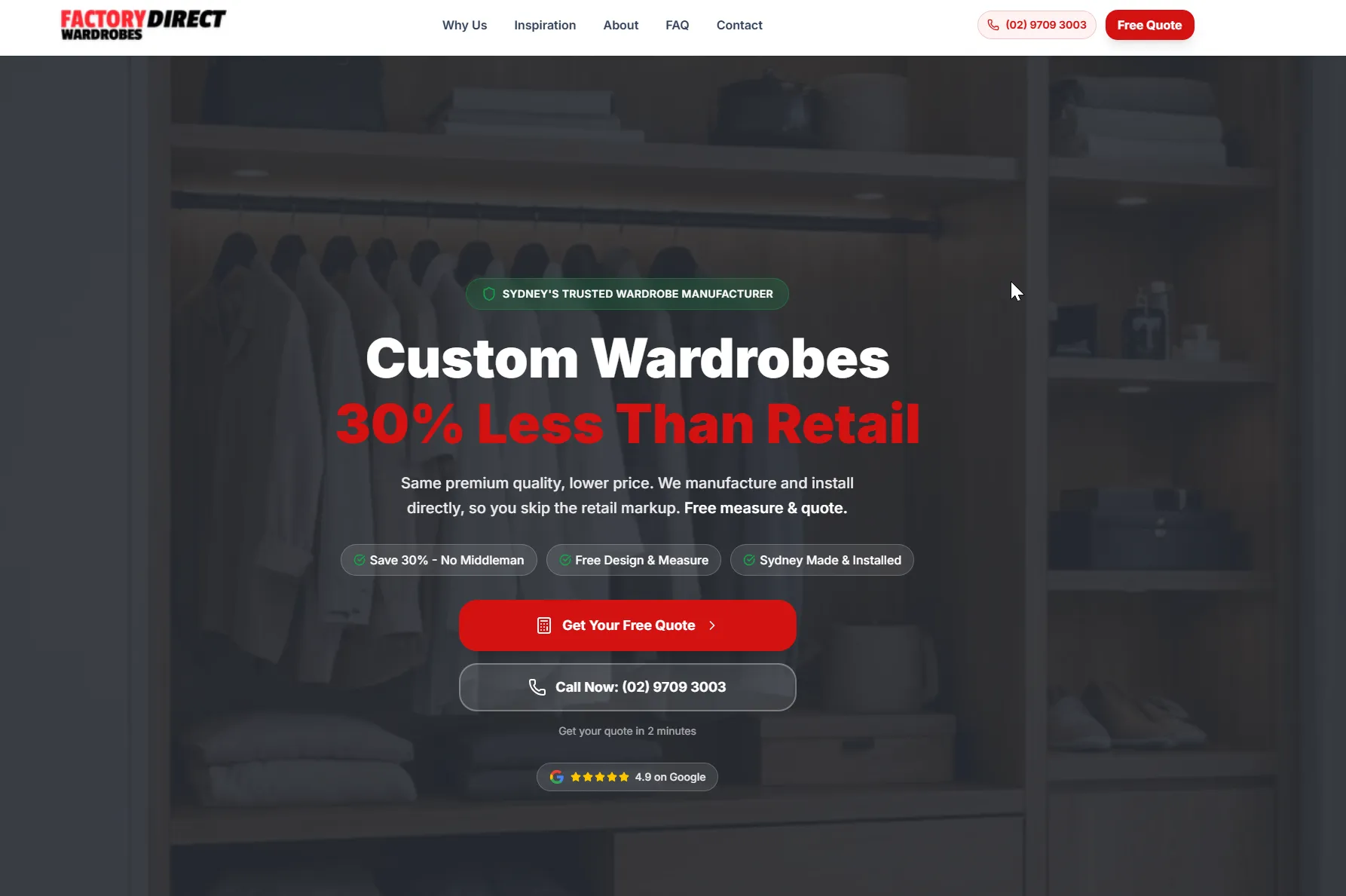 Homepage we designed for Factory Direct Wardrobes, built to book in-home measure and quote appointments.