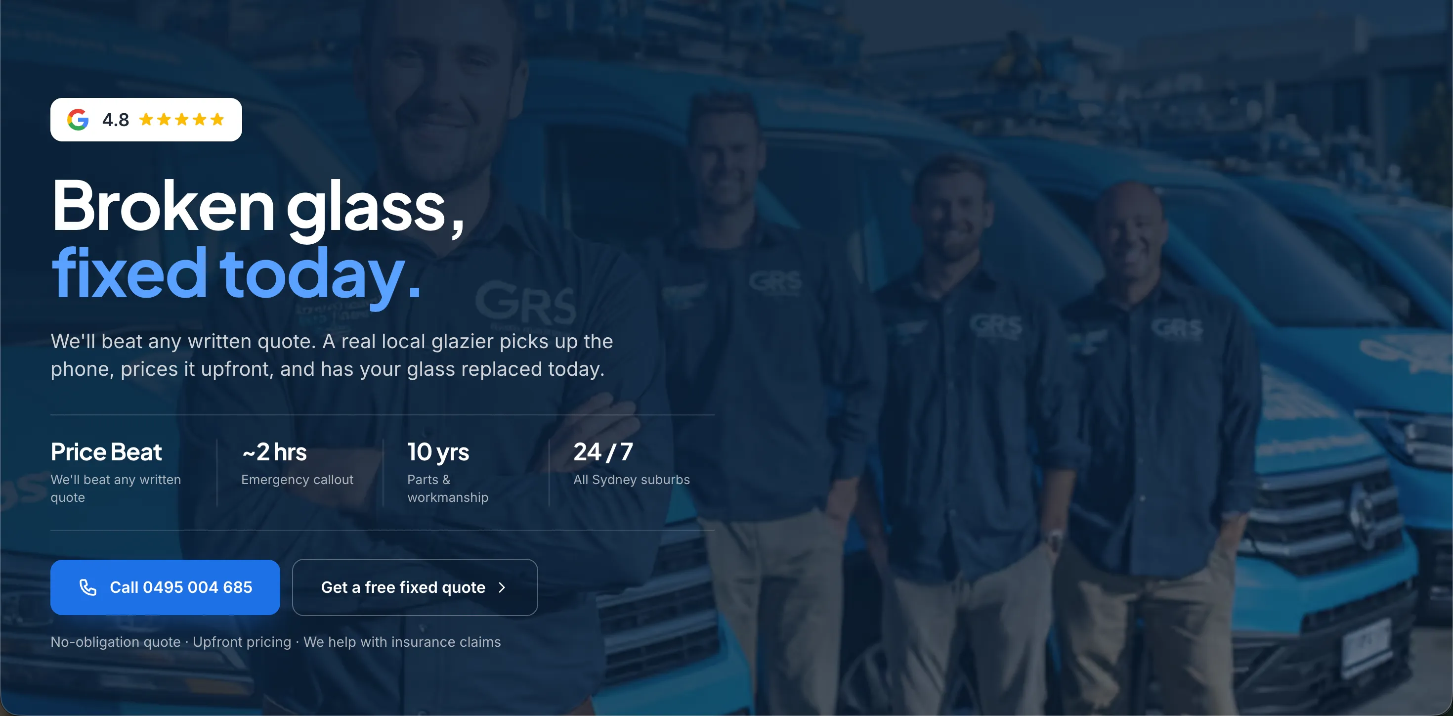 Homepage we designed for a Sydney glass replacement company, optimised for quote requests.