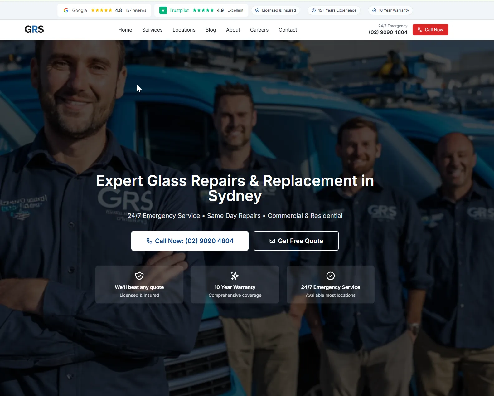 Homepage we designed for a Sydney glass replacement and glazier business, optimised for quote requests.
