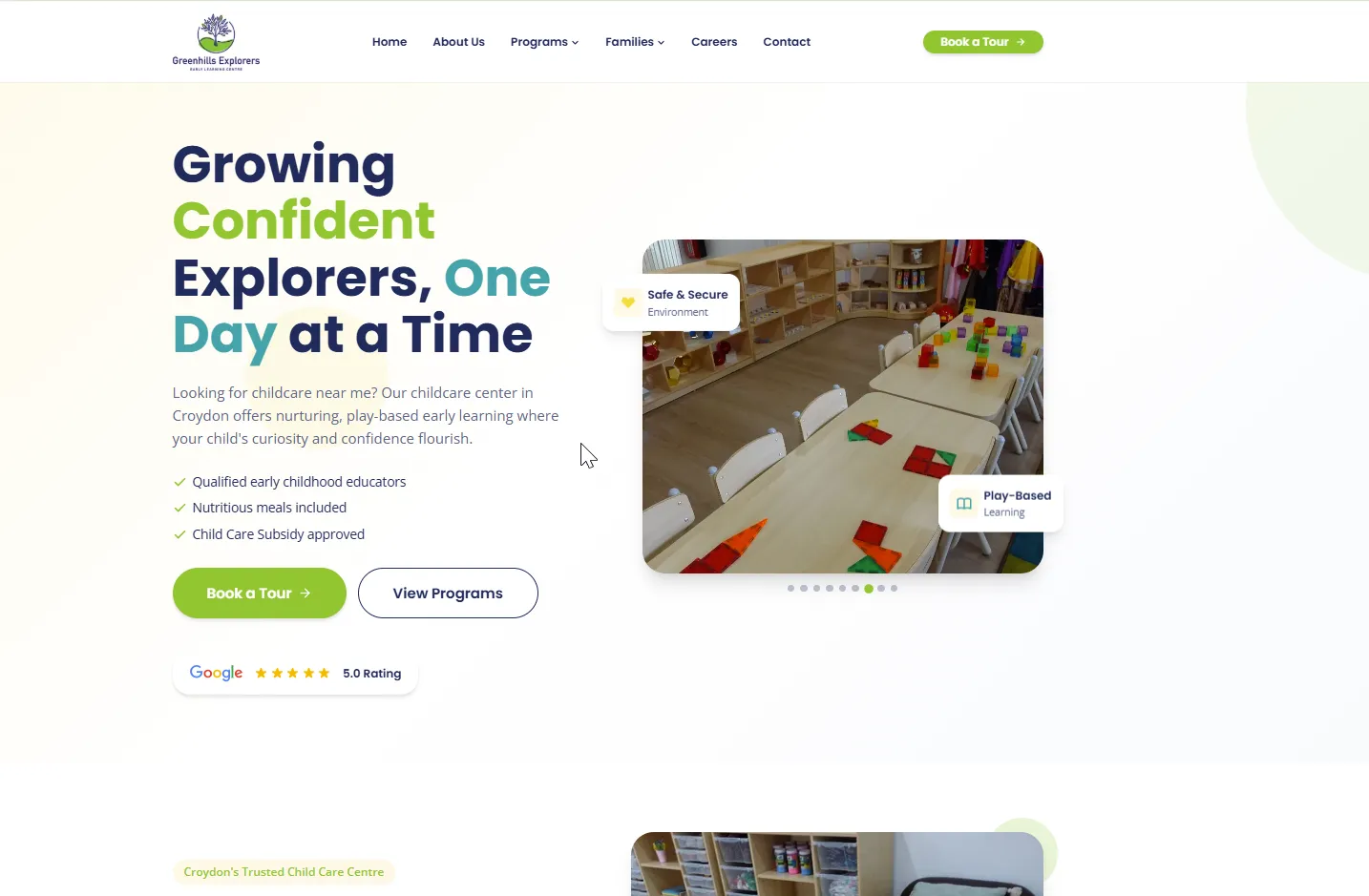 Homepage we designed for Greenhills Explorers early learning centre, with a bright hero and a Book a Tour call to action.