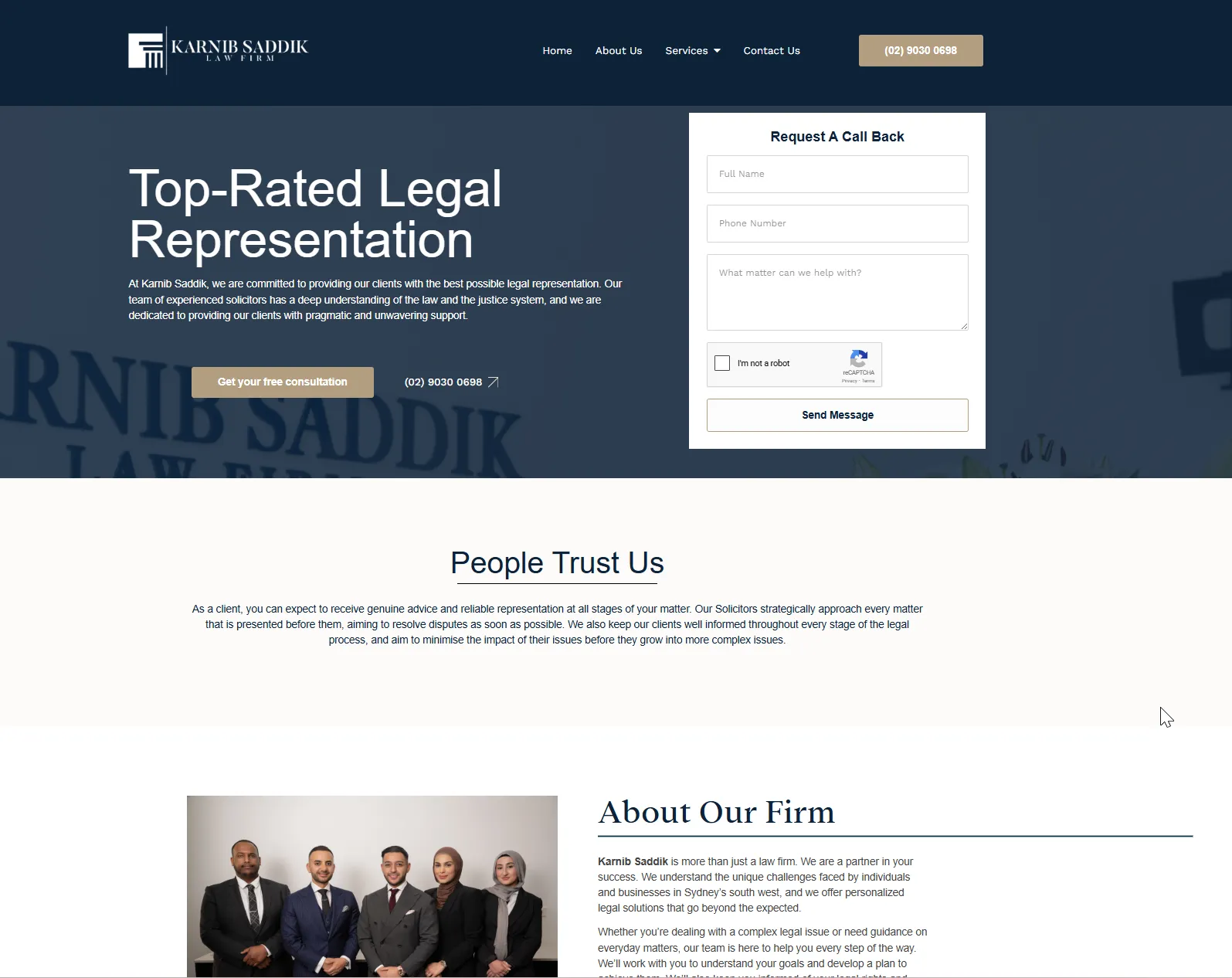 Homepage we designed for a legal practice, built to book more client consultations.