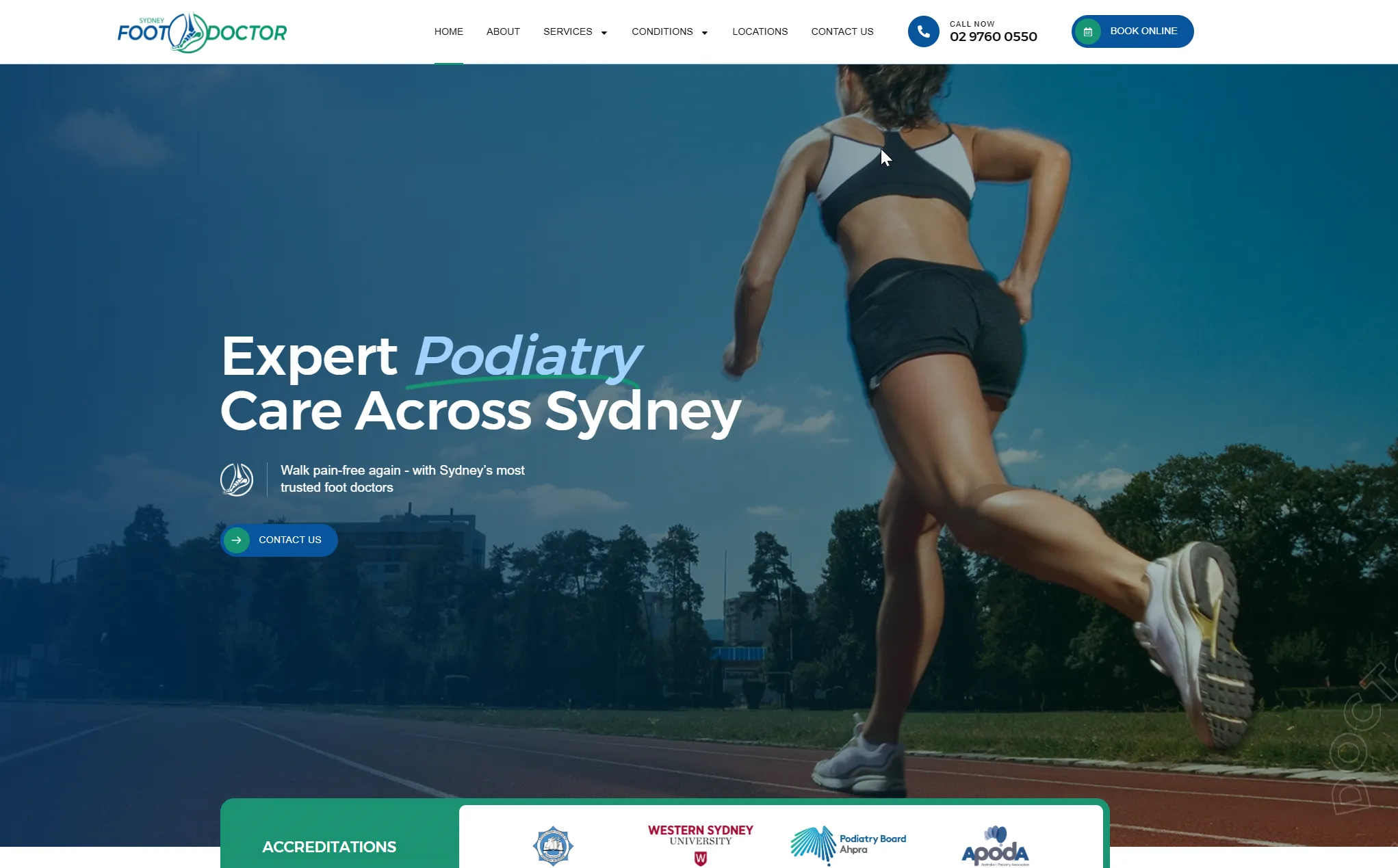 Homepage we designed for a podiatry clinic with an online appointment booking call to action.