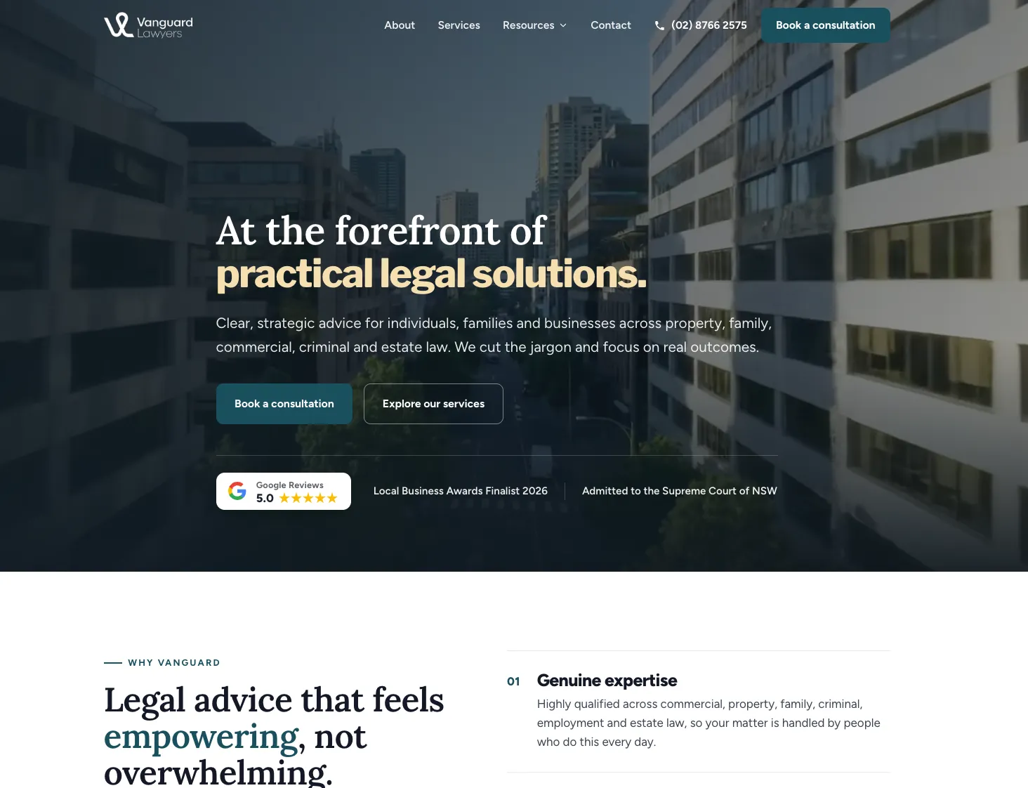 Homepage we designed for Vanguard Lawyers, a Sydney law firm, with a city skyline hero and a book-a-consultation call to action.