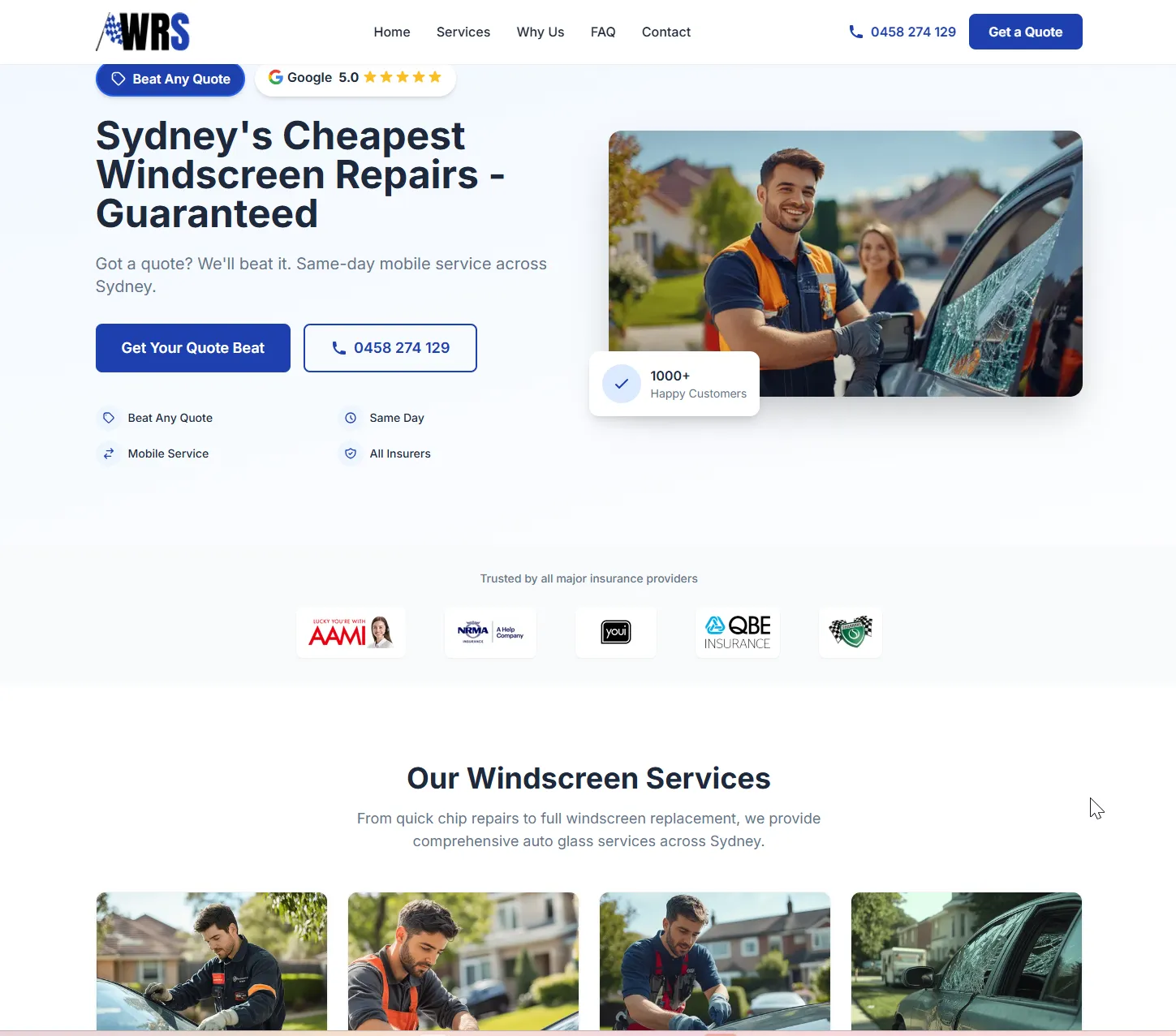Homepage we designed for a Sydney windscreen repair business, built to capture urgent same-day enquiries.