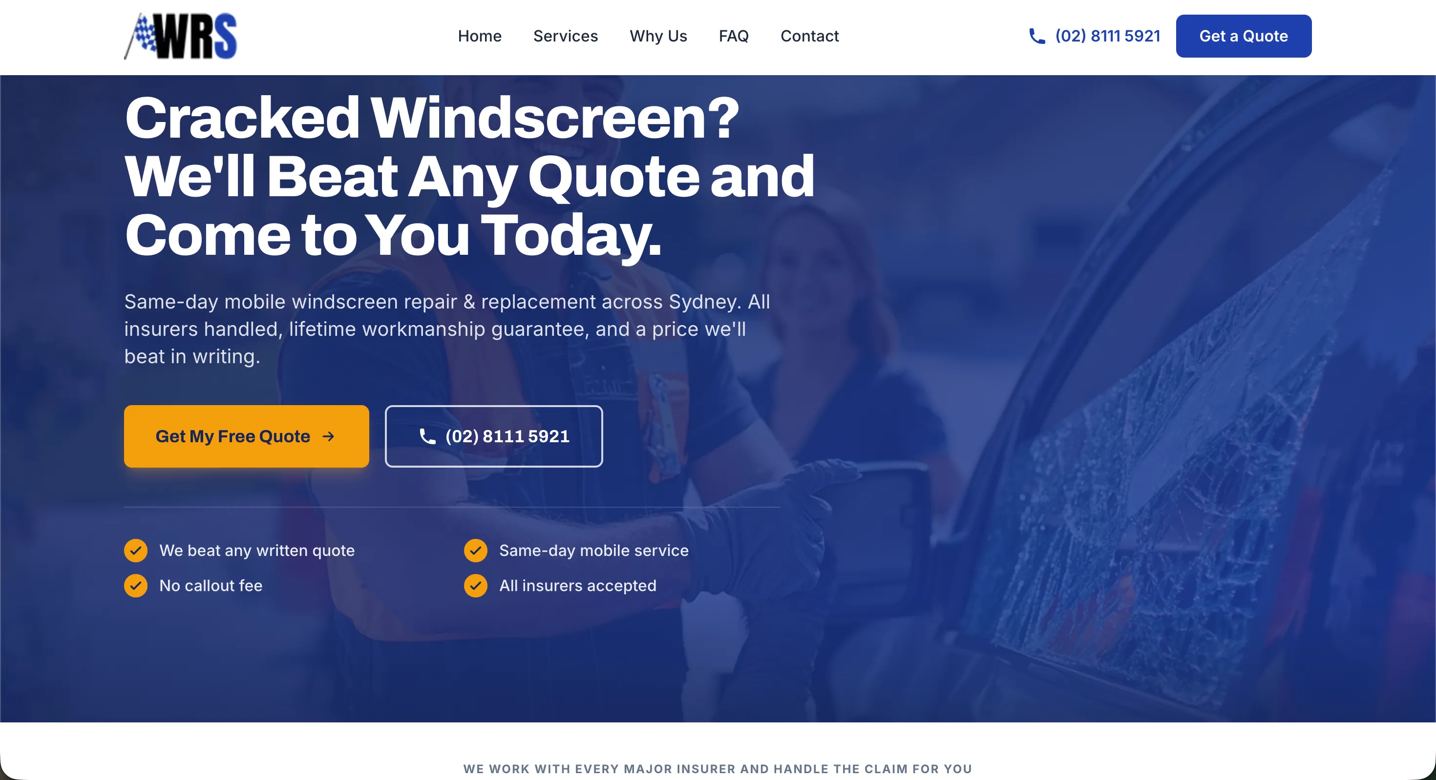 Homepage we designed for a Sydney mobile windscreen replacement company, with a beat-any-quote hero and a get-a-free-quote call to action.