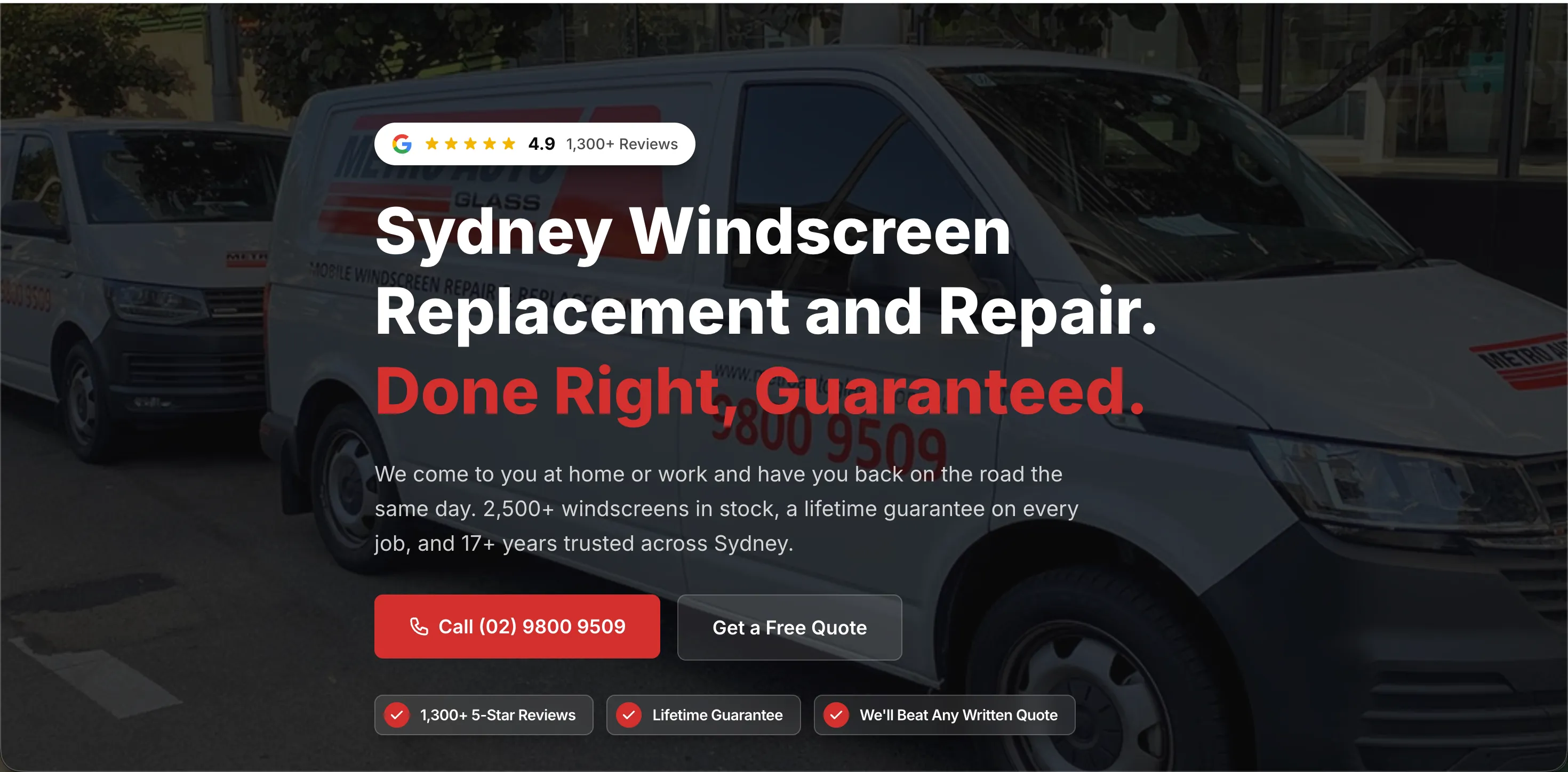 Homepage we designed for a Sydney windscreen replacement company, built to capture same-day enquiries.